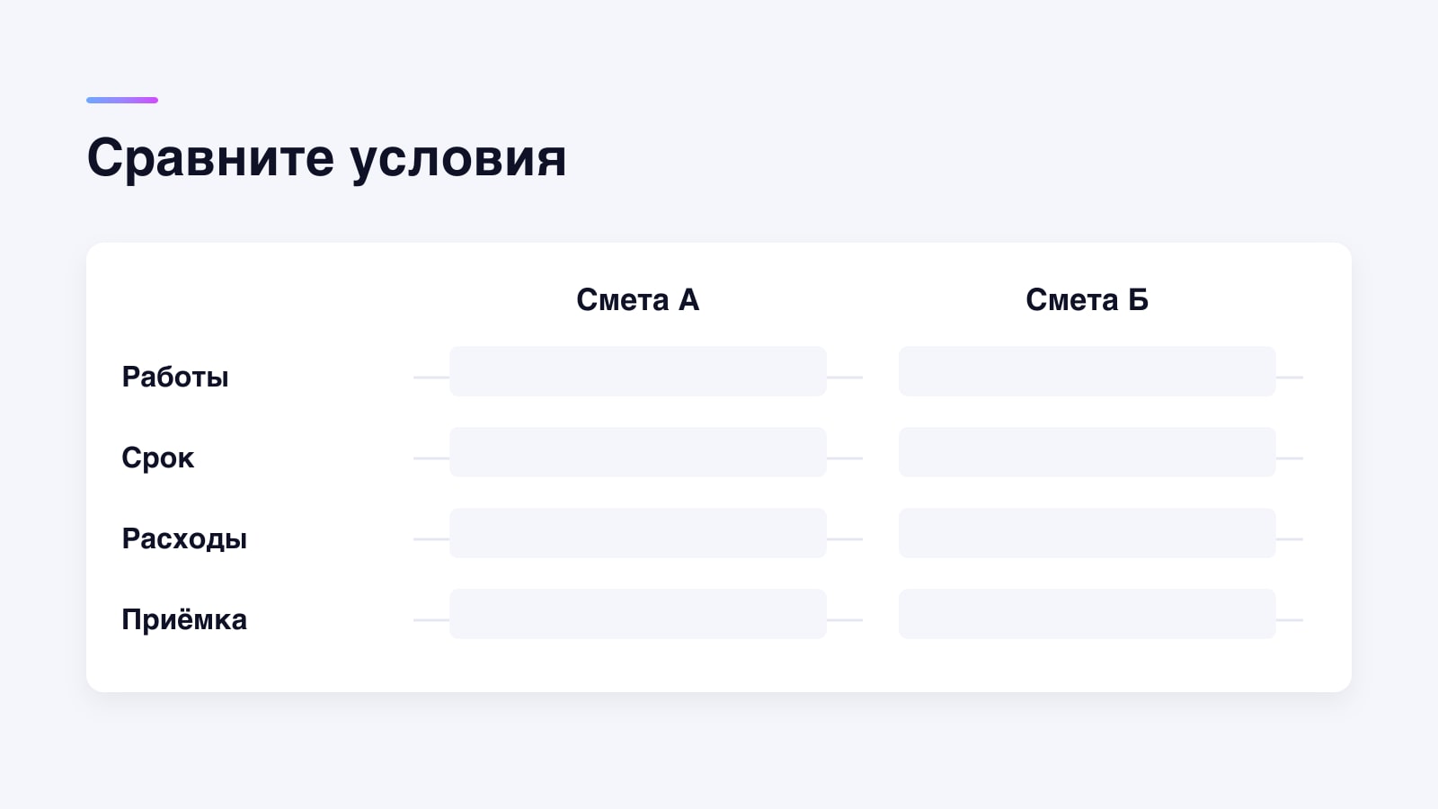 Пустая таблица сравнения двух смет по работам, сроку, расходам и приёмке
